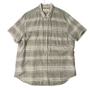 Madewell Men's Gray Green Striped Linen Button-Up Shirt Size L Short Sleeve A159